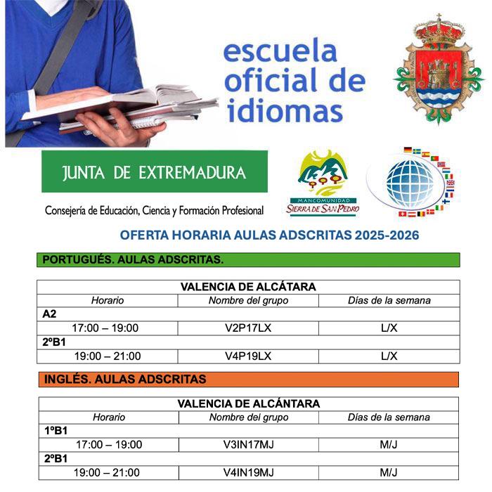 Imagen Información sobre la oferta de cursos y horarios para el curso 2025/2026 del Aula Adscrita de Valencia de Alcántara de la Escuela Oficial de Idiomas.