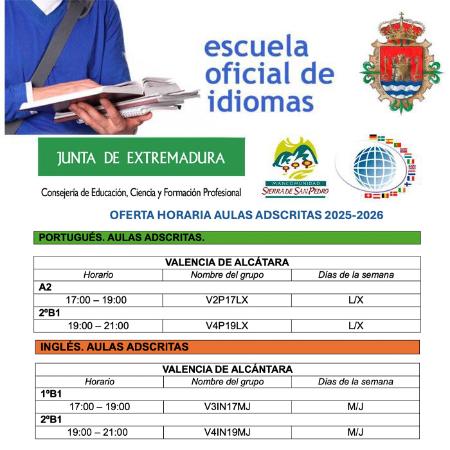 Imagen Información sobre la oferta de cursos y horarios para el curso 2025/2026 del Aula Adscrita de Valencia de Alcántara de la Escuela Oficial de Idiomas.